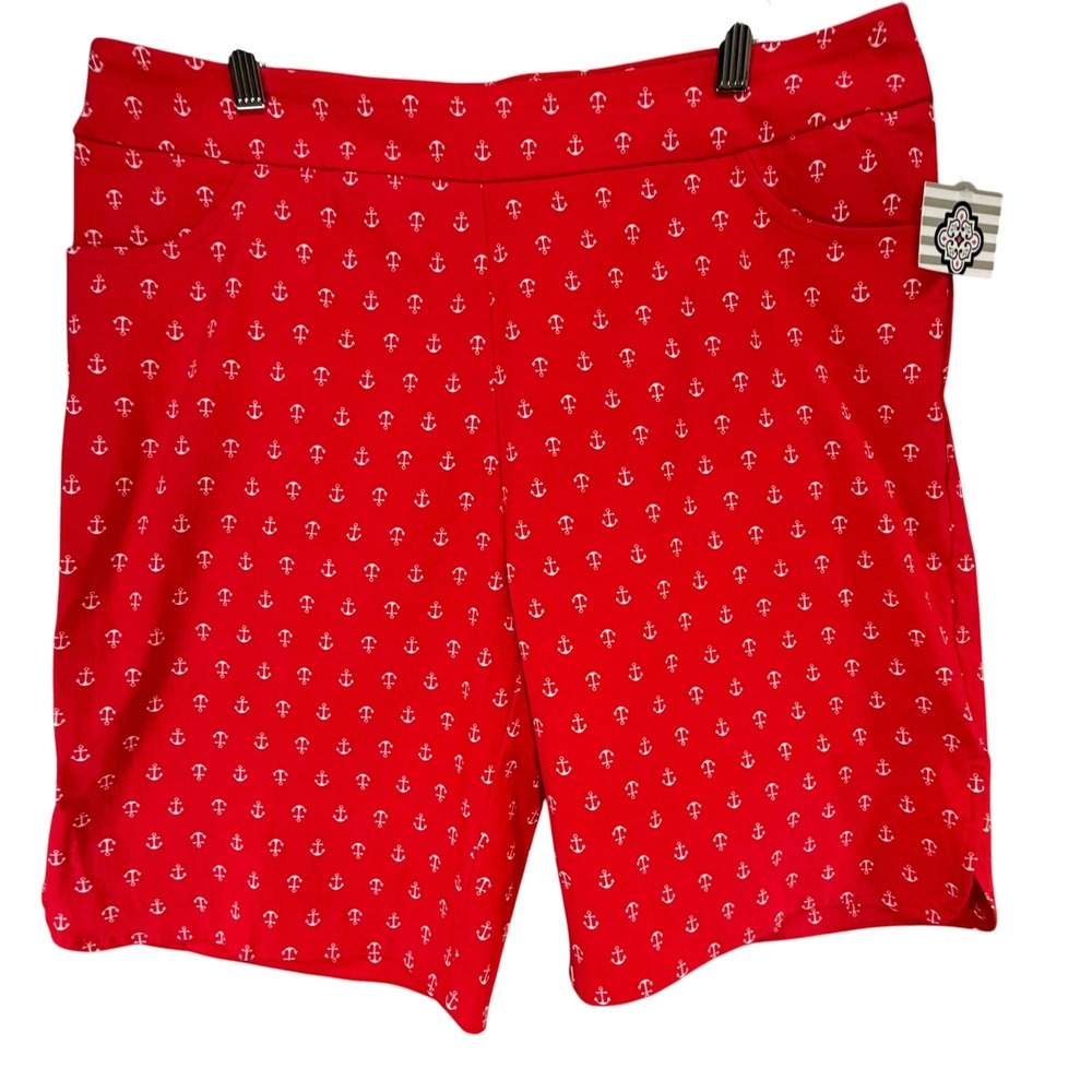 Kate Park Pull On Bermuda Shorts Womens XL Red White Anchor Seaside‎ Nautical